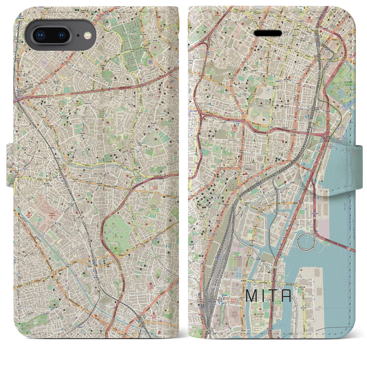 【三田（東京都）】地図柄iPhoneケース（手帳両面タイプ・ナチュラル）iPhone 8Plus /7Plus / 6sPlus / 6Plus 用