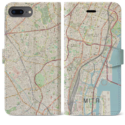 【三田（東京都）】地図柄iPhoneケース（手帳タイプ）ナチュラル・iPhone 8Plus /7Plus / 6sPlus / 6Plus 用