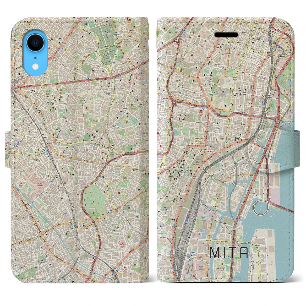 【三田（東京都）】地図柄iPhoneケース（手帳両面タイプ・ナチュラル）iPhone XR 用