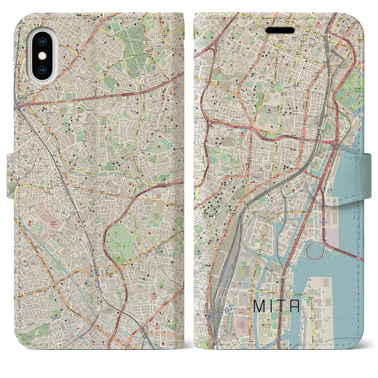 【三田（東京都）】地図柄iPhoneケース（手帳両面タイプ・ナチュラル）iPhone XS Max 用