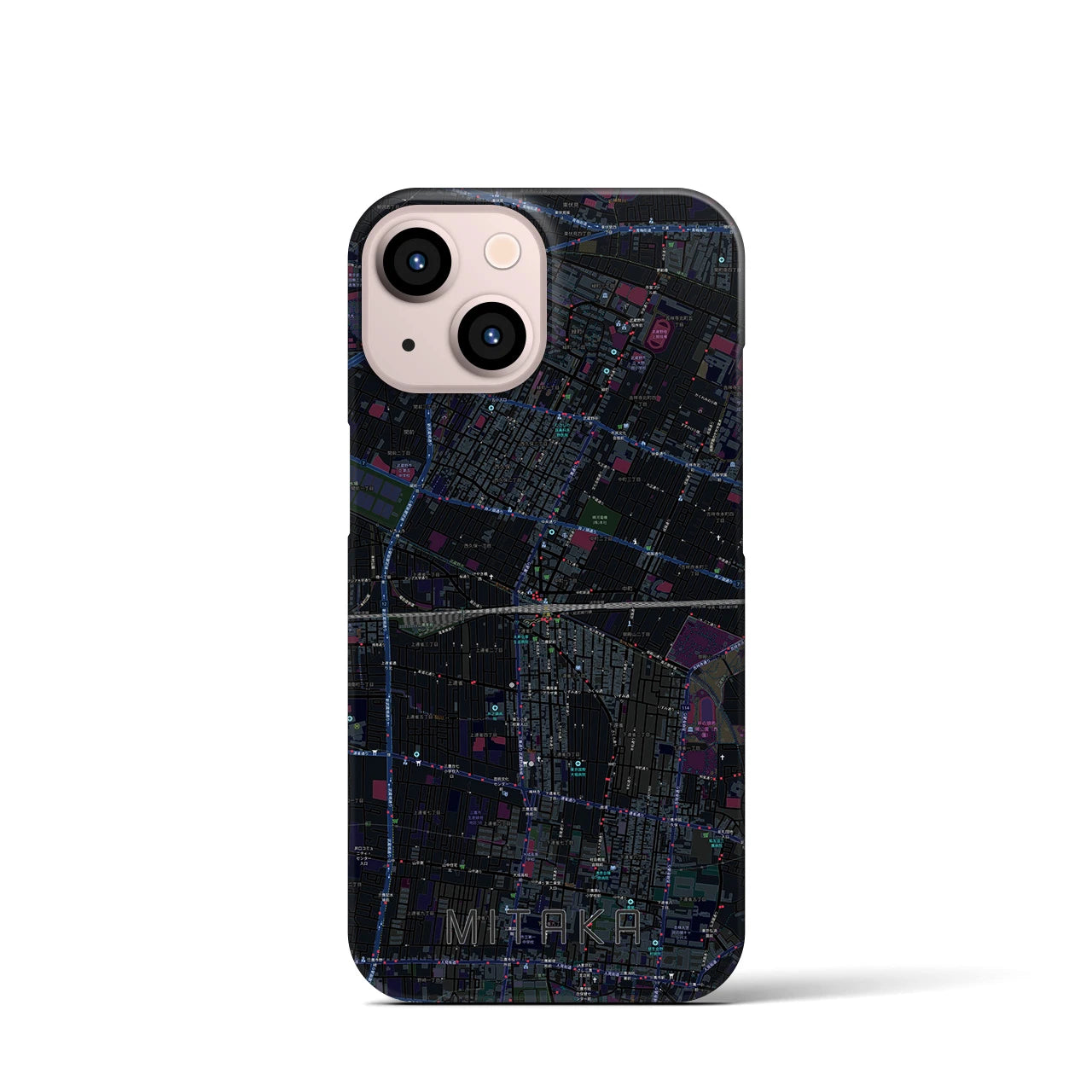 【三鷹】地図柄iPhoneケース（バックカバータイプ・ブラック）iPhone 13 mini 用