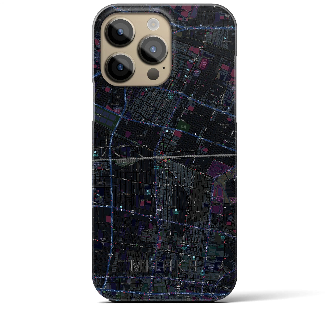 【三鷹】地図柄iPhoneケース（バックカバータイプ・ブラック）iPhone 14 Pro Max 用