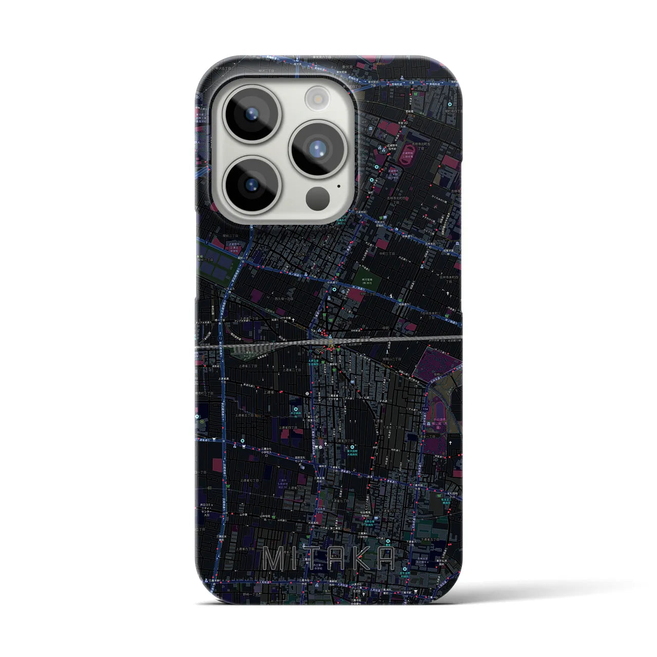 【三鷹】地図柄iPhoneケース（バックカバータイプ・ブラック）iPhone 15 Pro 用