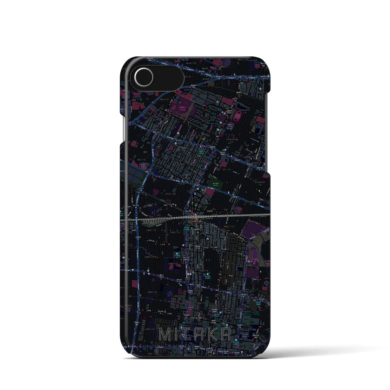 【三鷹】地図柄iPhoneケース（バックカバータイプ・ブラック）iPhone SE（第3 / 第2世代） / 8 / 7 / 6s / 6 用