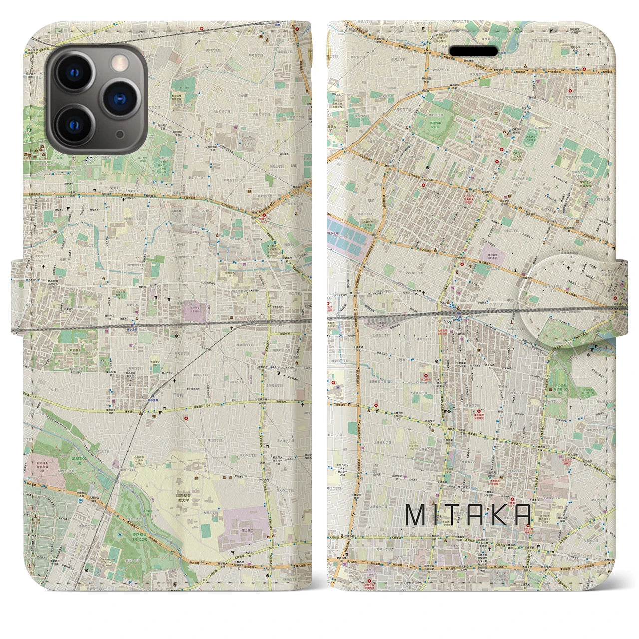 【三鷹】地図柄iPhoneケース（手帳両面タイプ・ナチュラル）iPhone 11 Pro Max 用