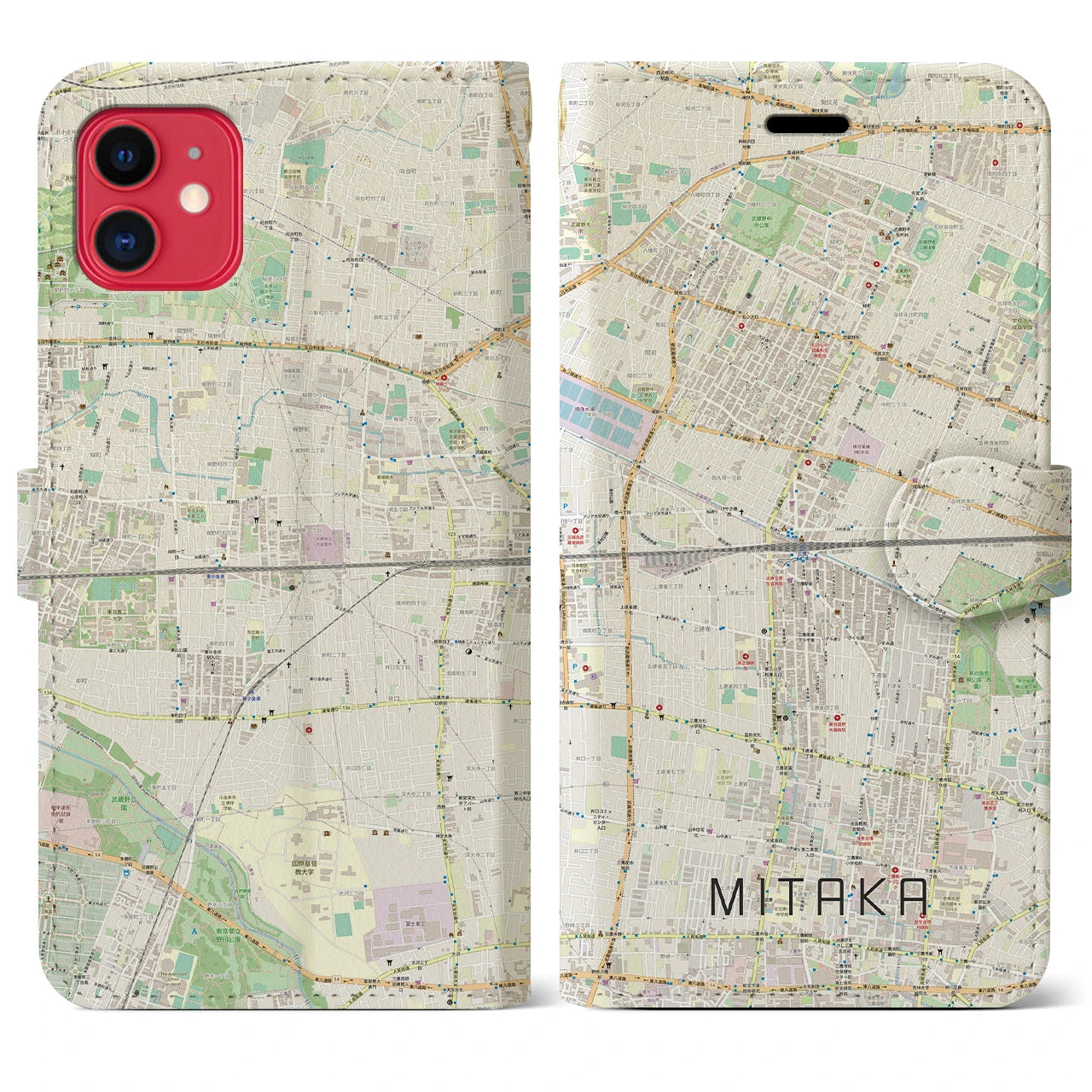 【三鷹】地図柄iPhoneケース（手帳両面タイプ・ナチュラル）iPhone 11 用