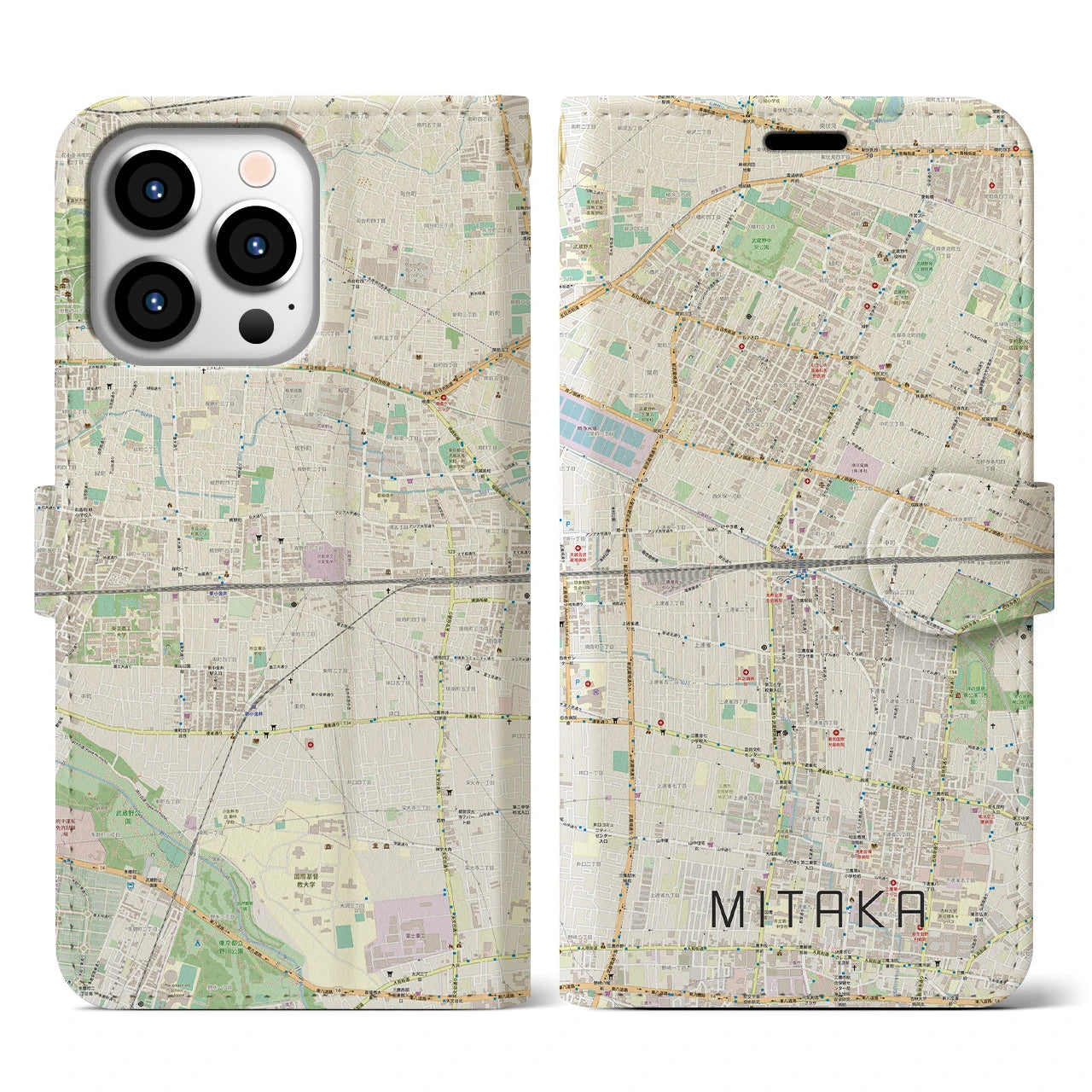 【三鷹】地図柄iPhoneケース（手帳両面タイプ・ナチュラル）iPhone 13 Pro 用