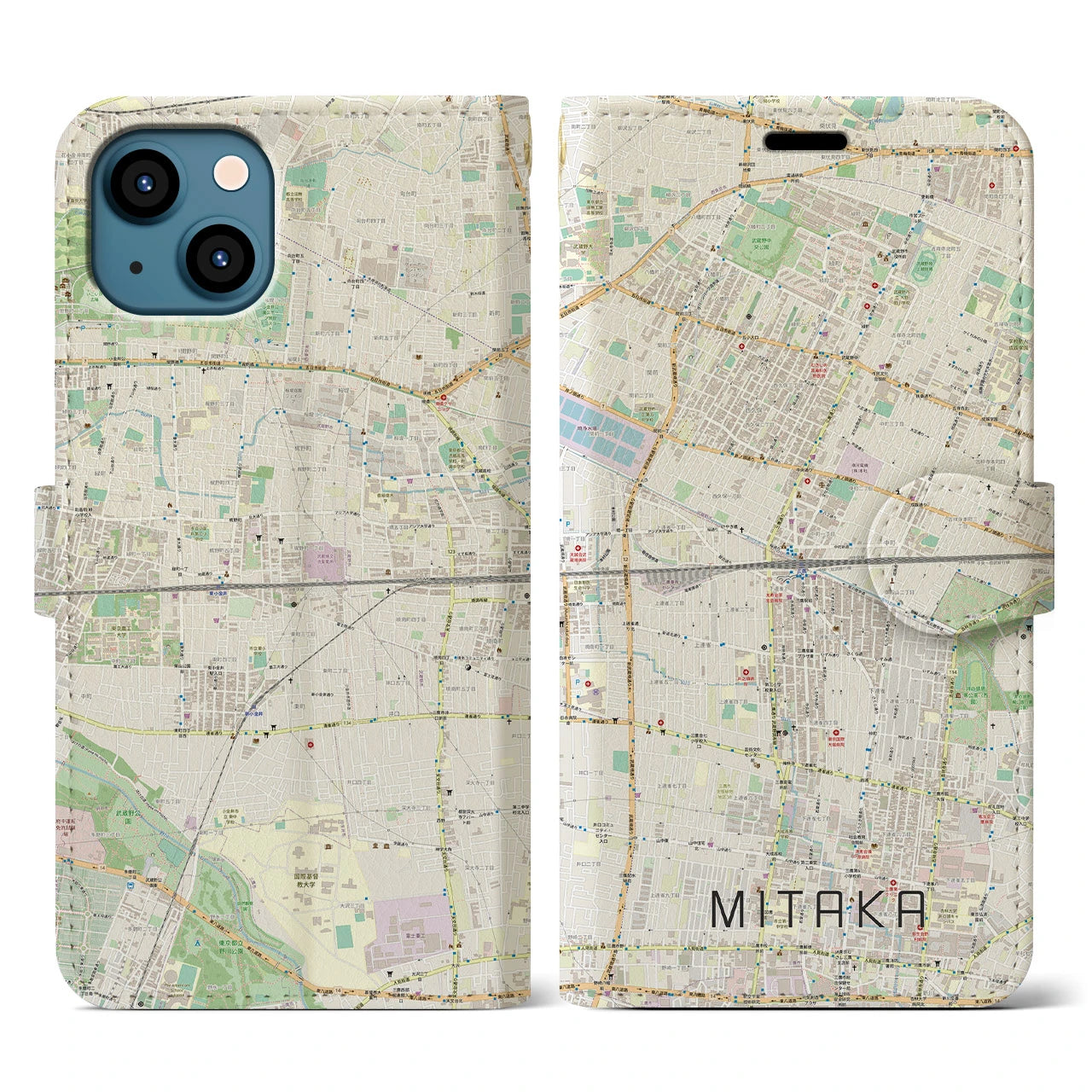 【三鷹】地図柄iPhoneケース（手帳両面タイプ・ナチュラル）iPhone 13 用