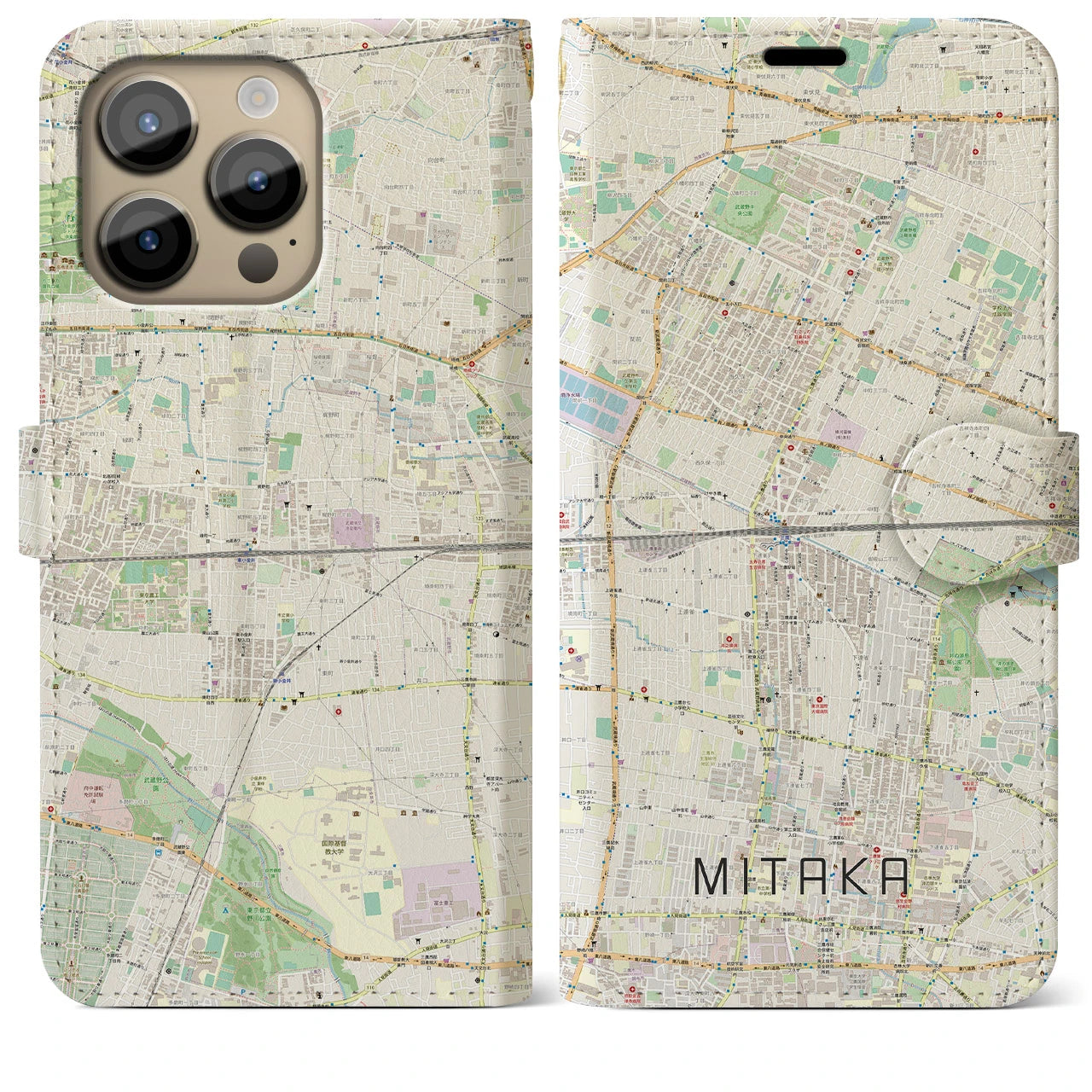 【三鷹】地図柄iPhoneケース（手帳両面タイプ・ナチュラル）iPhone 14 Pro Max 用