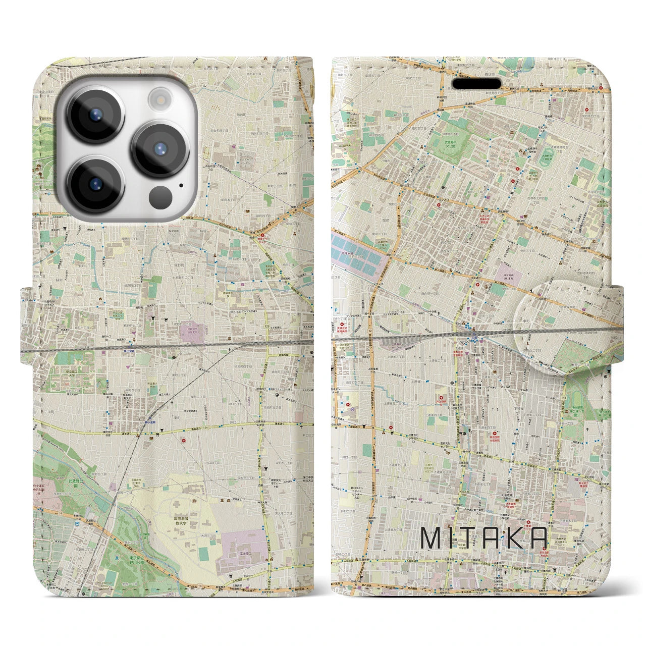 【三鷹】地図柄iPhoneケース（手帳両面タイプ・ナチュラル）iPhone 14 Pro 用