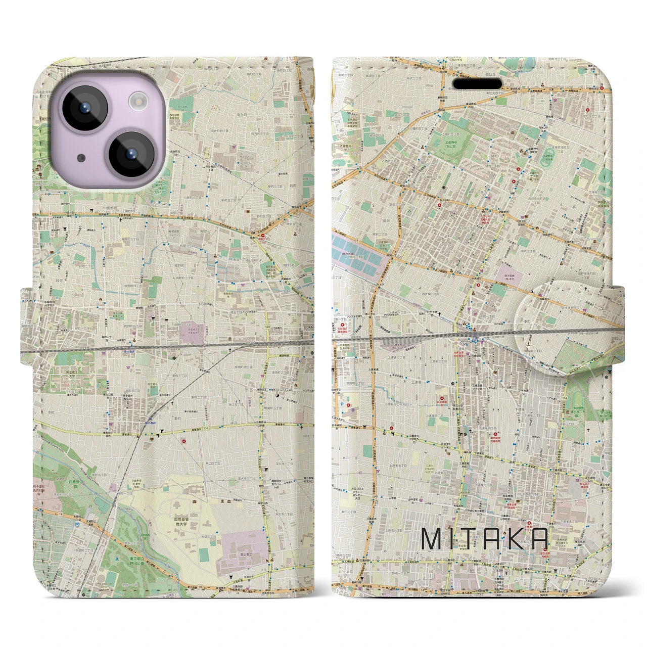 【三鷹】地図柄iPhoneケース（手帳両面タイプ・ナチュラル）iPhone 14 用