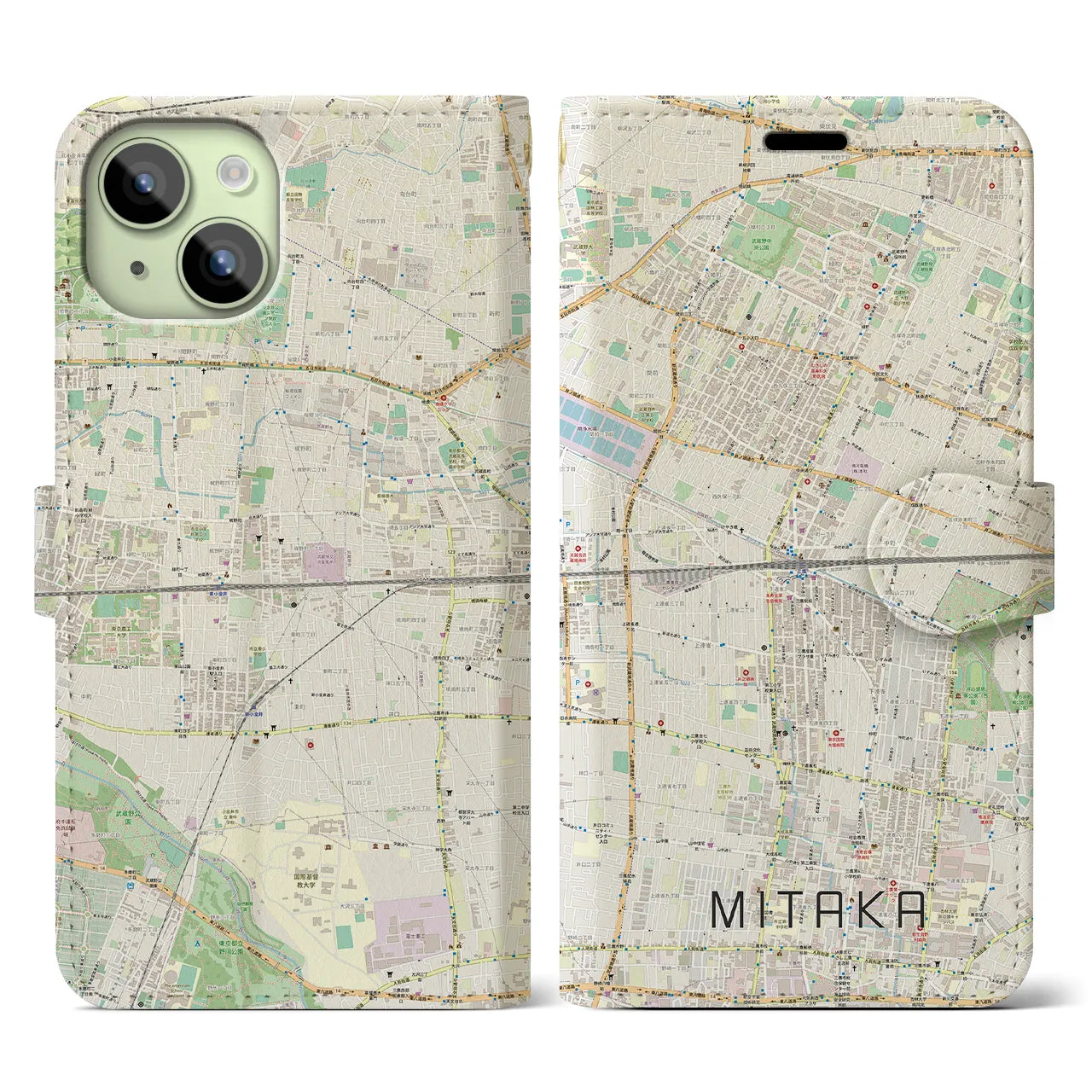 【三鷹】地図柄iPhoneケース（手帳両面タイプ・ナチュラル）iPhone 15 用