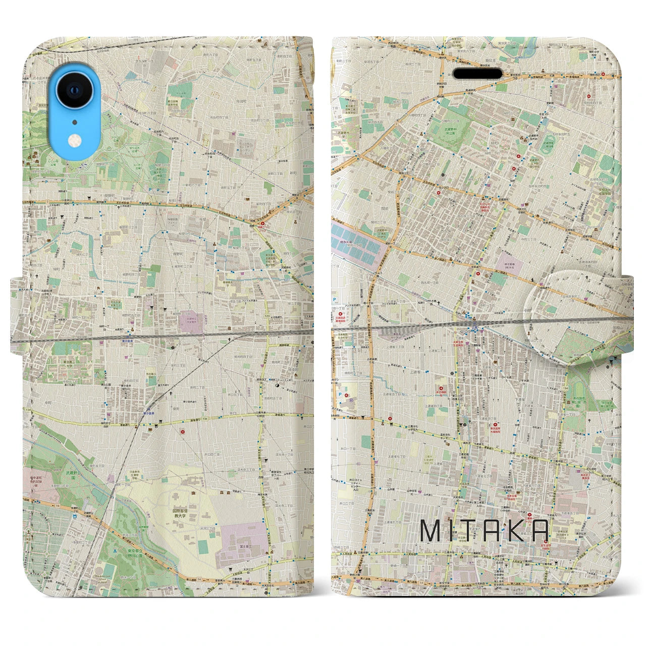 【三鷹】地図柄iPhoneケース（手帳両面タイプ・ナチュラル）iPhone XR 用