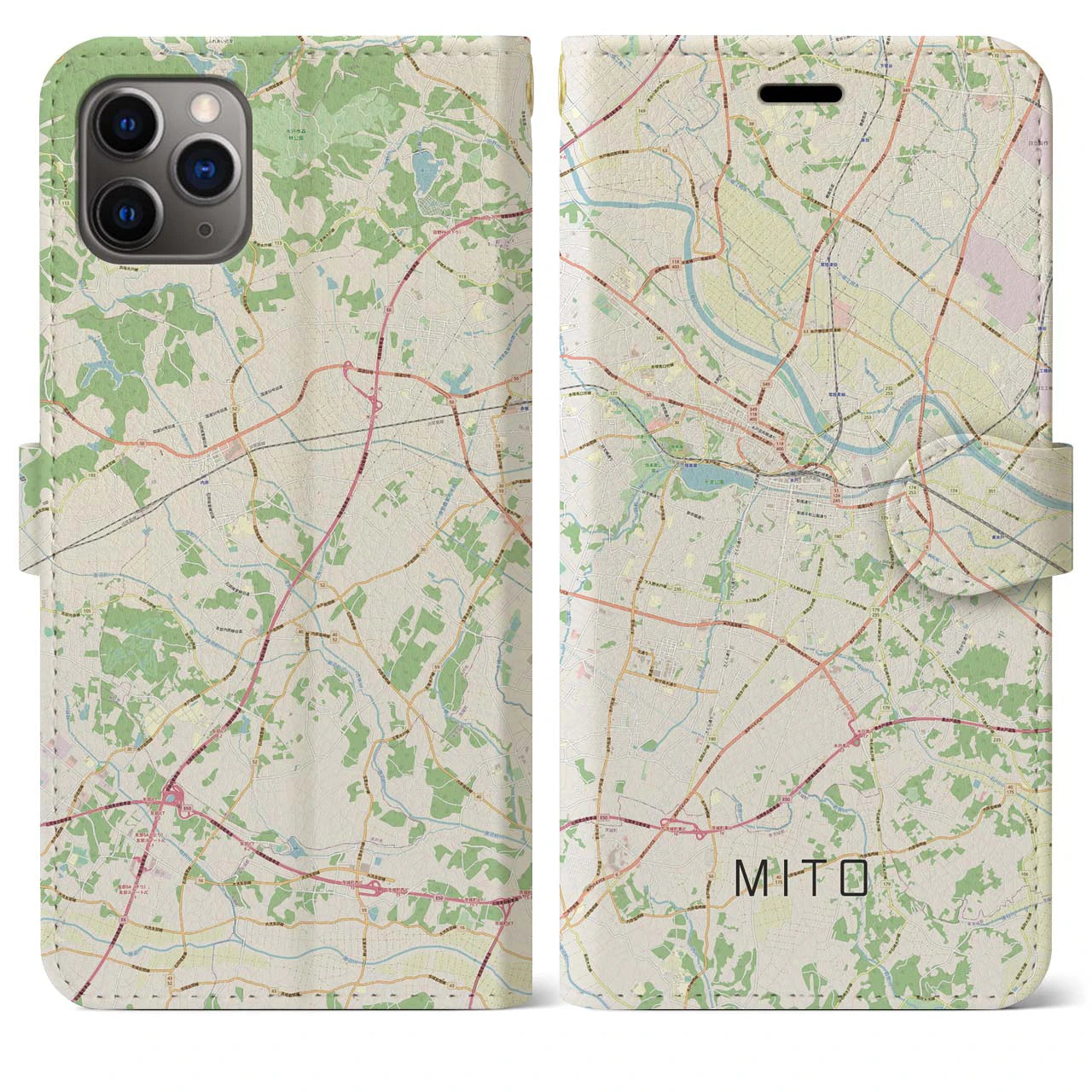 【水戸】地図柄iPhoneケース（手帳両面タイプ・ナチュラル）iPhone 11 Pro Max 用