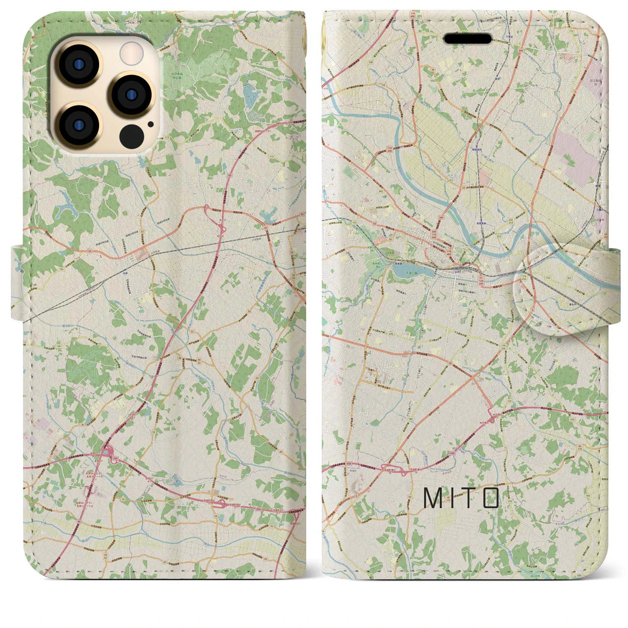【水戸】地図柄iPhoneケース（手帳両面タイプ・ナチュラル）iPhone 12 Pro Max 用
