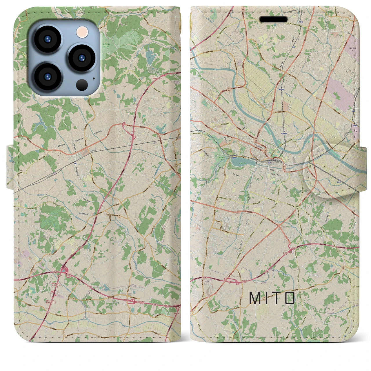 【水戸】地図柄iPhoneケース（手帳両面タイプ・ナチュラル）iPhone 13 Pro Max 用