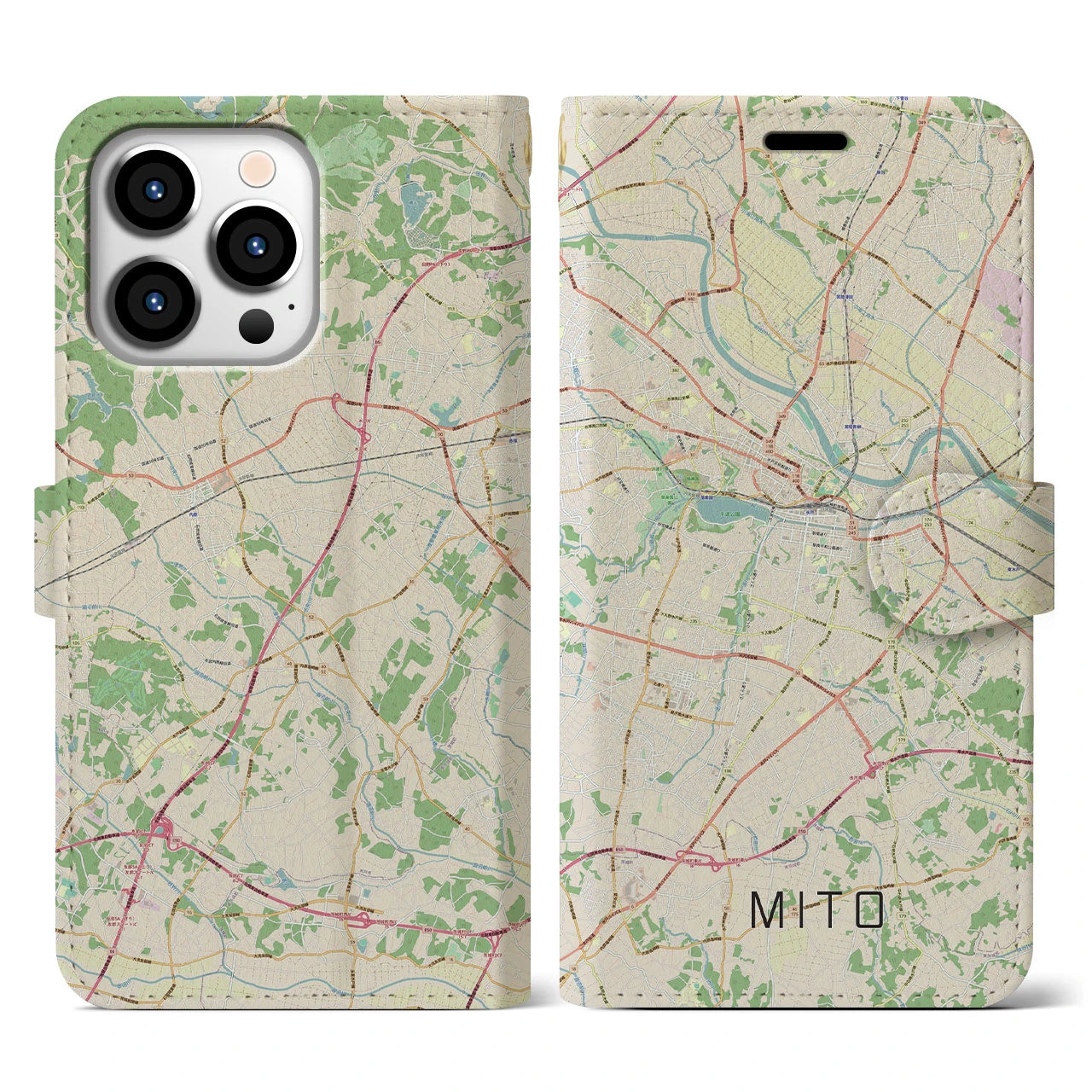 【水戸】地図柄iPhoneケース（手帳両面タイプ・ナチュラル）iPhone 13 Pro 用