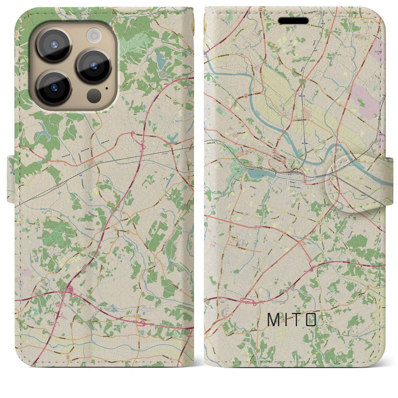 【水戸】地図柄iPhoneケース（手帳両面タイプ・ナチュラル）iPhone 14 Pro Max 用