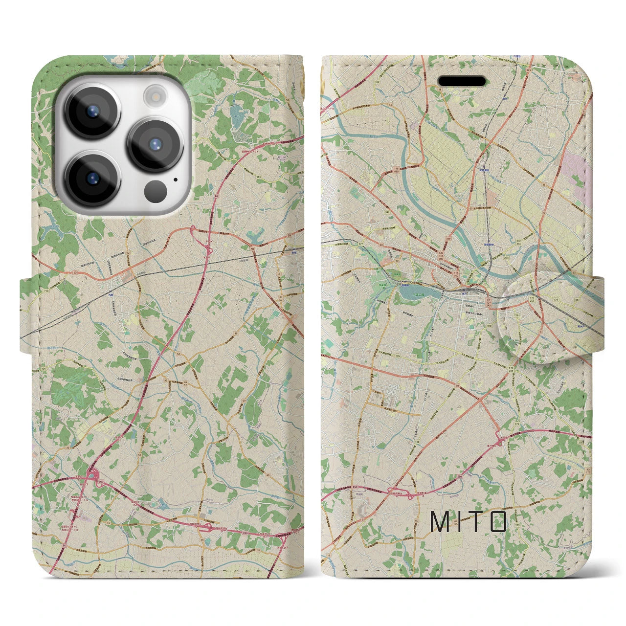 【水戸】地図柄iPhoneケース（手帳両面タイプ・ナチュラル）iPhone 14 Pro 用