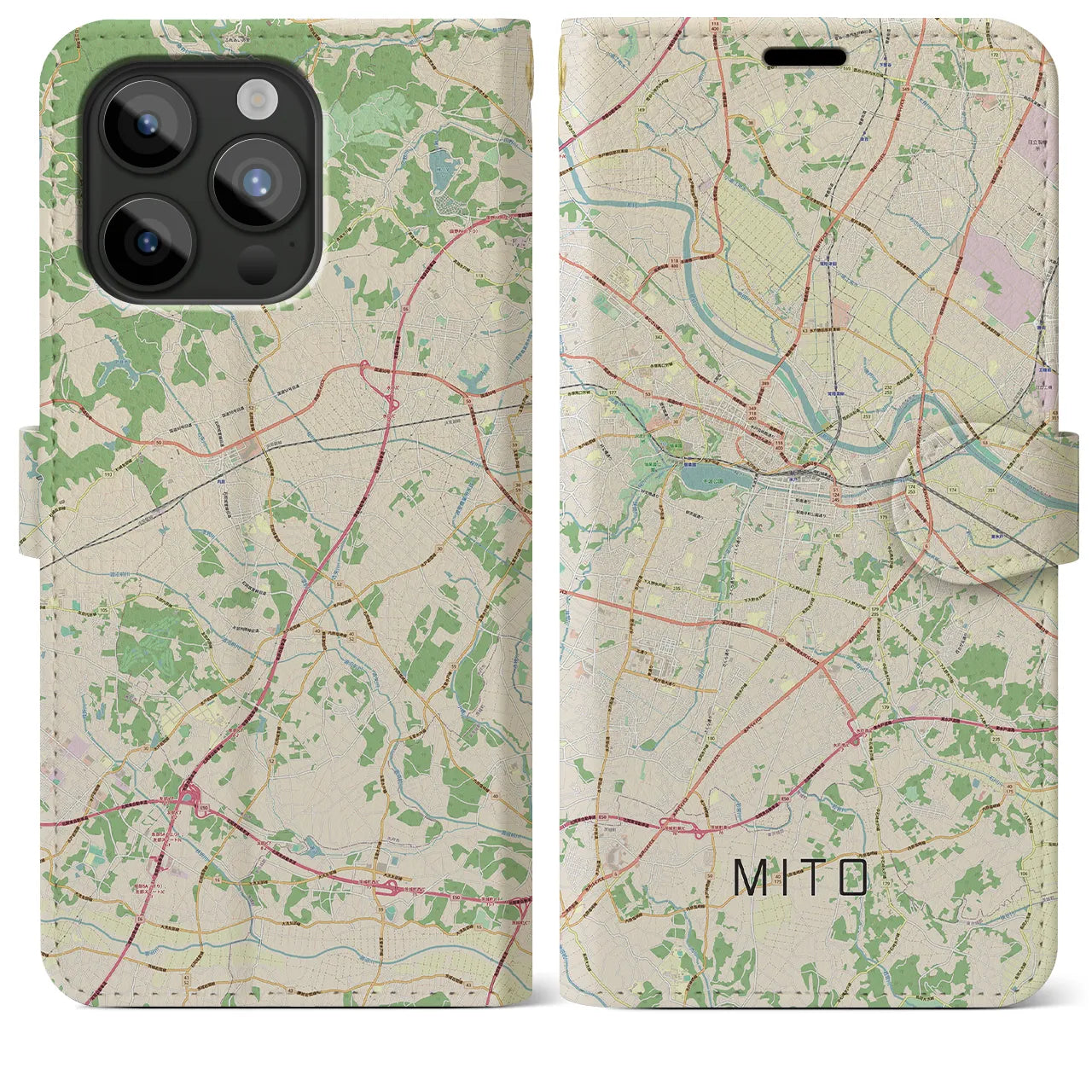 【水戸】地図柄iPhoneケース（手帳両面タイプ・ナチュラル）iPhone 15 Pro Max 用