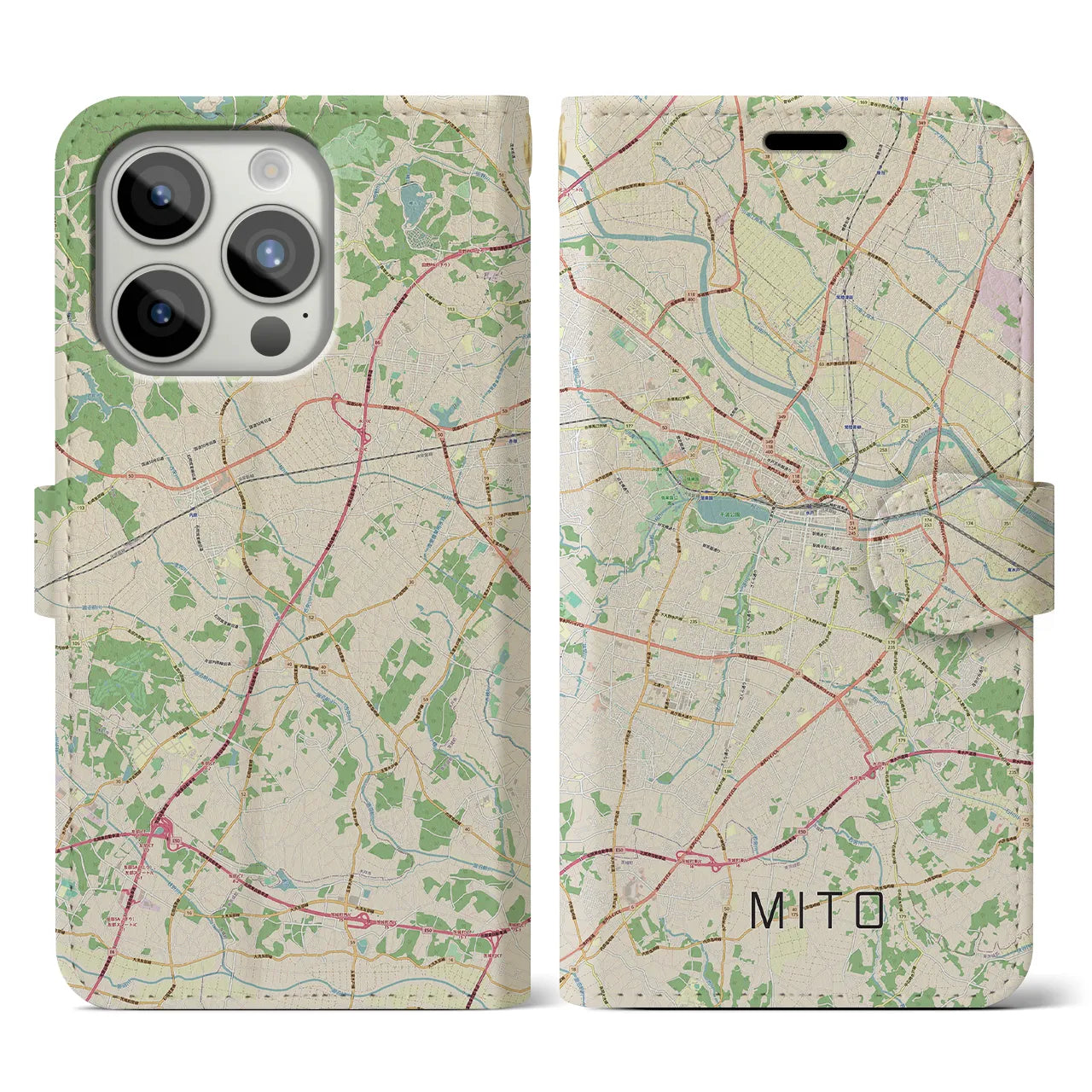 【水戸】地図柄iPhoneケース（手帳両面タイプ・ナチュラル）iPhone 15 Pro 用