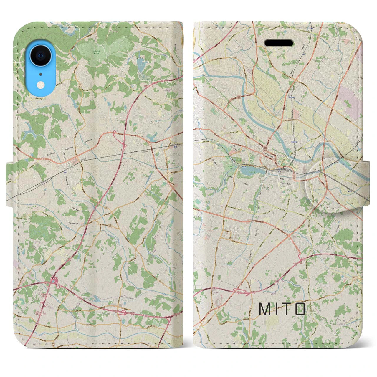 【水戸】地図柄iPhoneケース（手帳両面タイプ・ナチュラル）iPhone XR 用