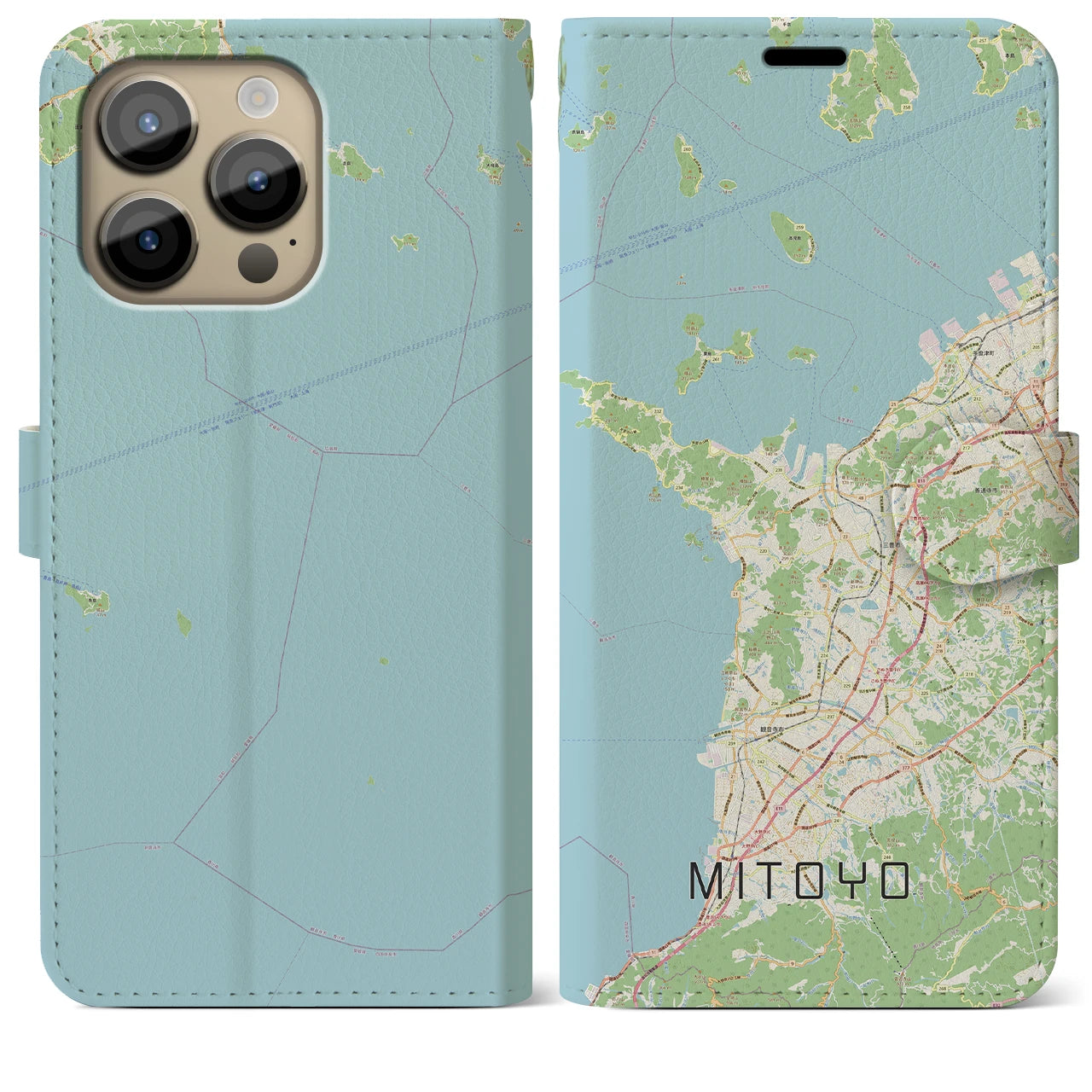 【三豊】地図柄iPhoneケース（手帳両面タイプ・ナチュラル）iPhone 14 Pro Max 用