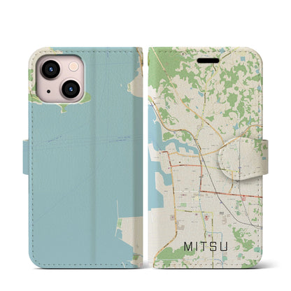 【三津（愛媛県）】地図柄iPhoneケース（手帳タイプ）ナチュラル・iPhone 13 mini 用