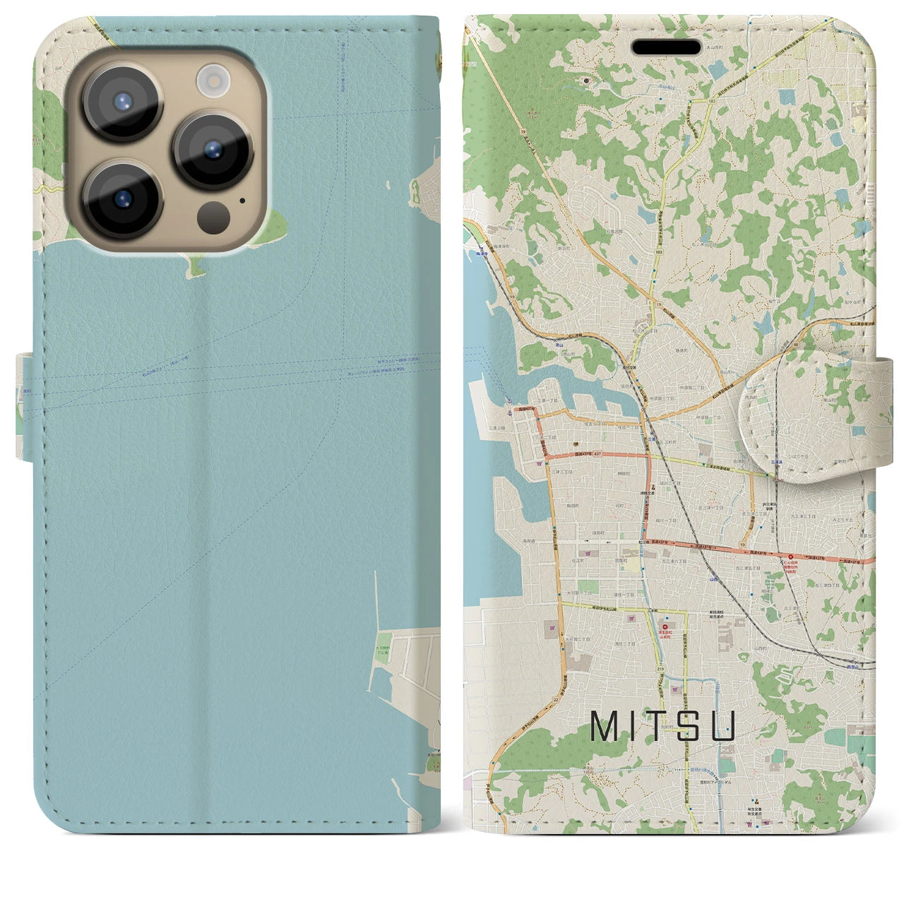 【三津】地図柄iPhoneケース（手帳両面タイプ・ナチュラル）iPhone 14 Pro Max 用
