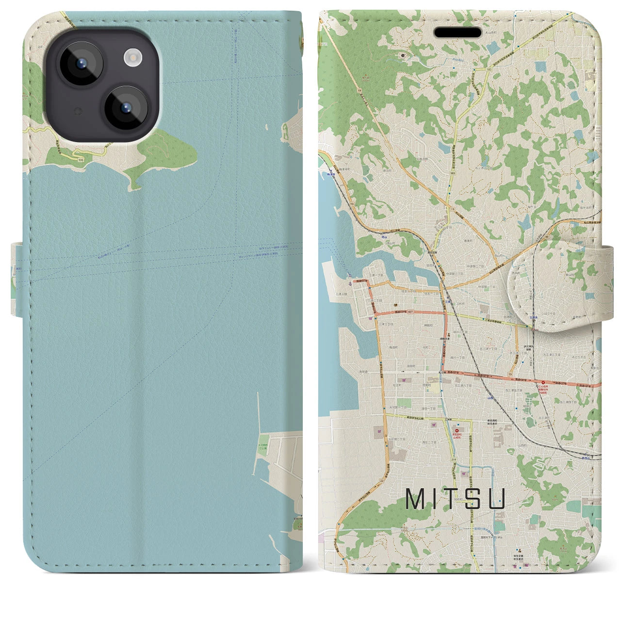 【三津】地図柄iPhoneケース（手帳両面タイプ・ナチュラル）iPhone 14 Plus 用
