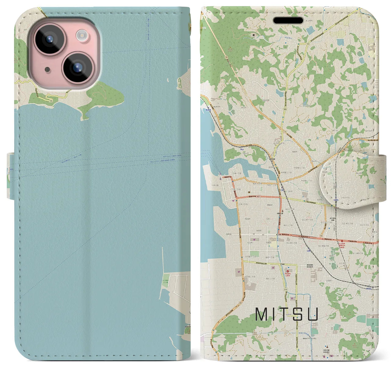 【三津】地図柄iPhoneケース（手帳両面タイプ・ナチュラル）iPhone 15 Plus 用