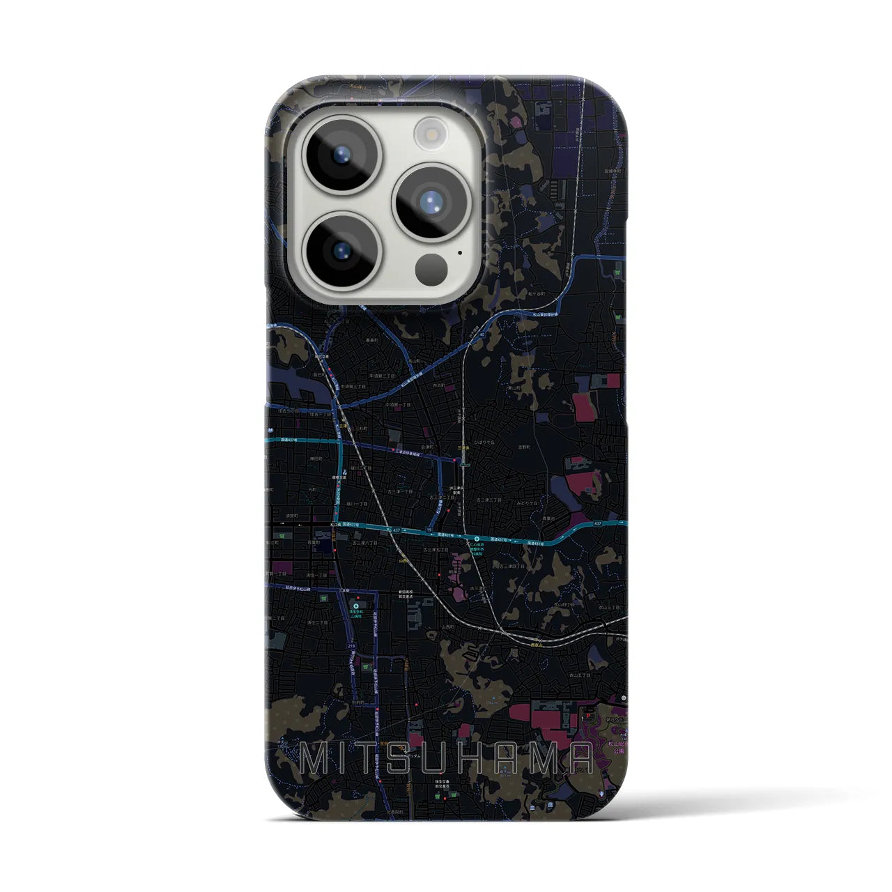 【三津浜】地図柄iPhoneケース（バックカバータイプ・ブラック）iPhone 15 Pro 用