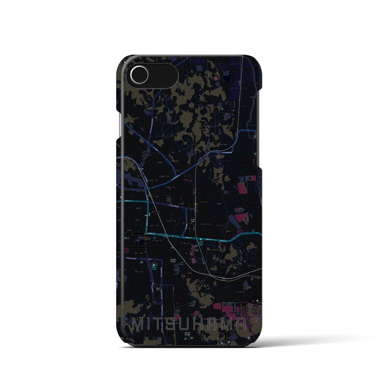 【三津浜】地図柄iPhoneケース（バックカバータイプ・ブラック）iPhone SE（第3 / 第2世代） / 8 / 7 / 6s / 6 用