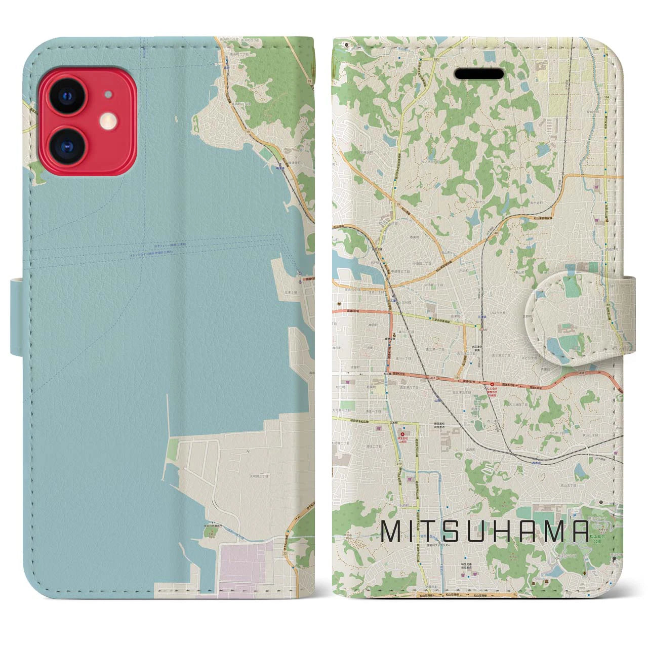 【三津浜】地図柄iPhoneケース（手帳両面タイプ・ナチュラル）iPhone 11 用
