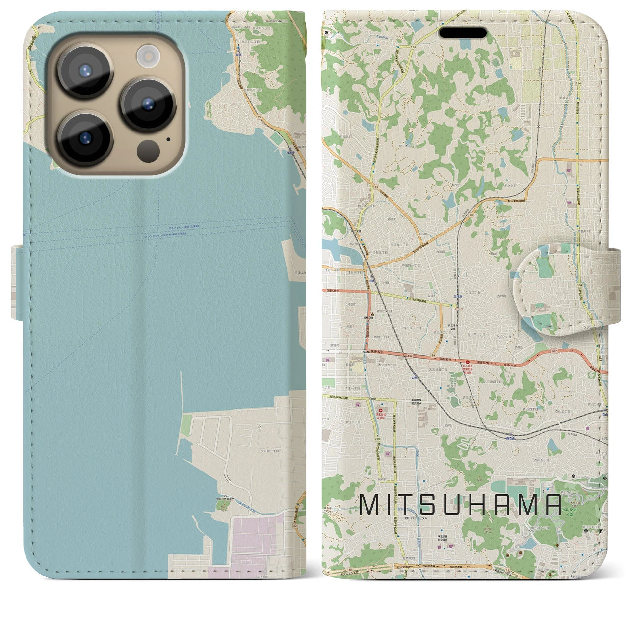 【三津浜】地図柄iPhoneケース（手帳両面タイプ・ナチュラル）iPhone 14 Pro Max 用