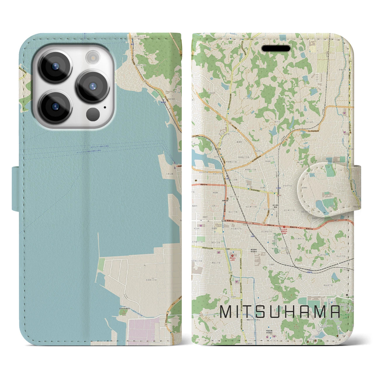 【三津浜】地図柄iPhoneケース（手帳両面タイプ・ナチュラル）iPhone 14 Pro 用