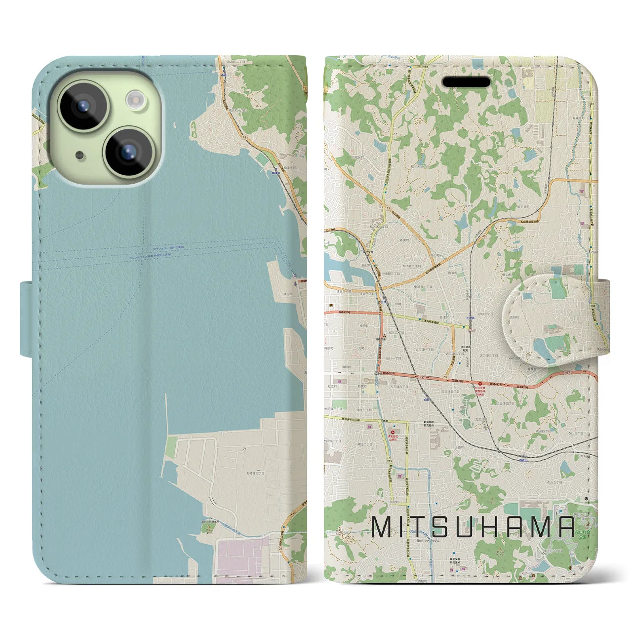 【三津浜】地図柄iPhoneケース（手帳両面タイプ・ナチュラル）iPhone 15 用