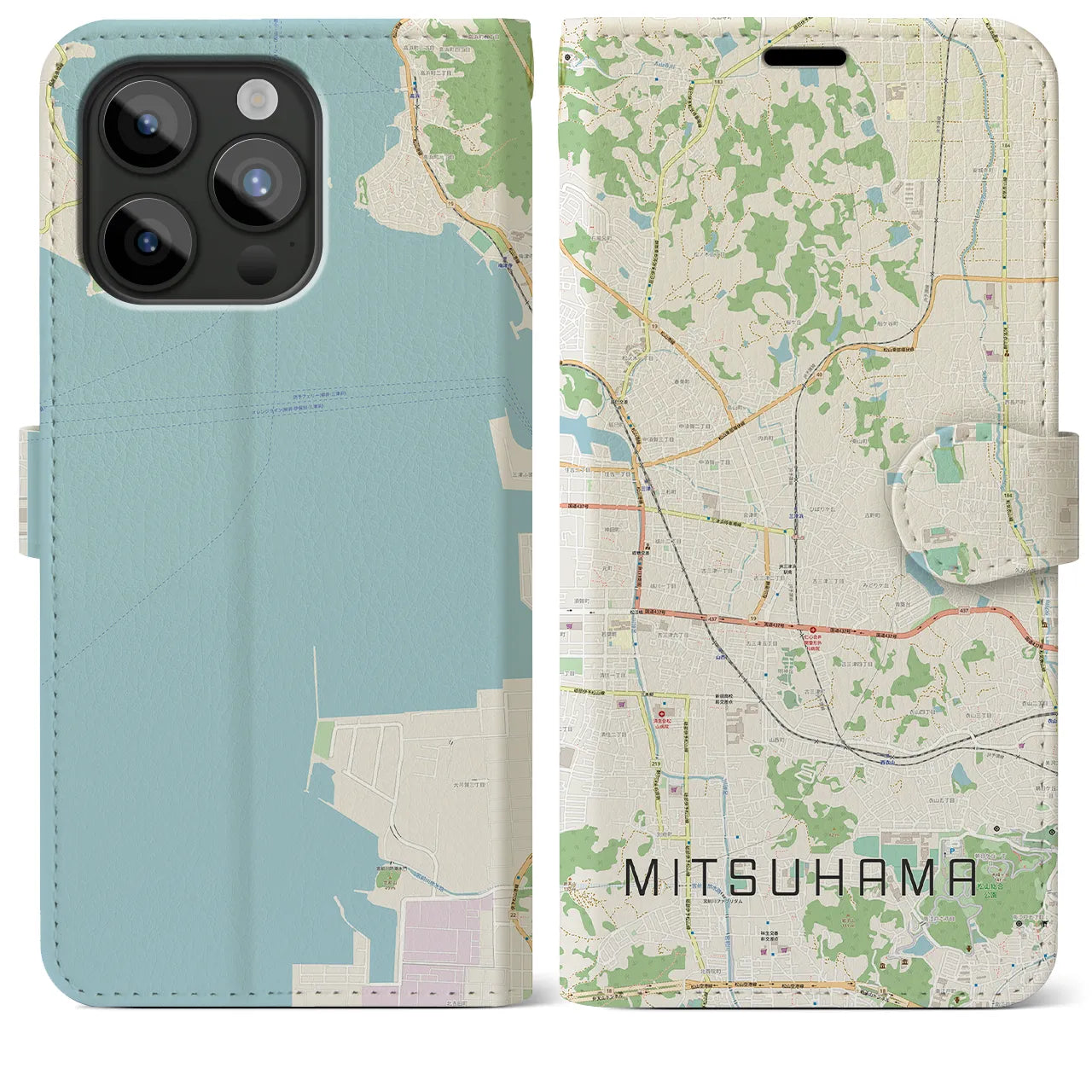 【三津浜】地図柄iPhoneケース（手帳両面タイプ・ナチュラル）iPhone 15 Pro Max 用