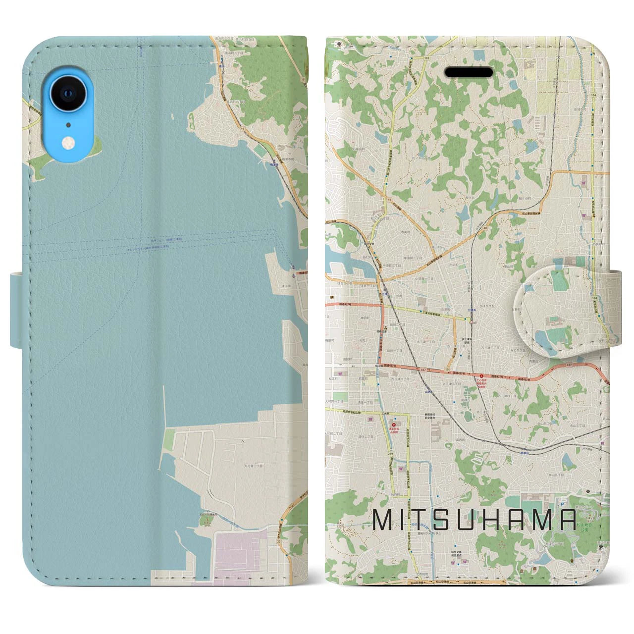 【三津浜】地図柄iPhoneケース（手帳両面タイプ・ナチュラル）iPhone XR 用