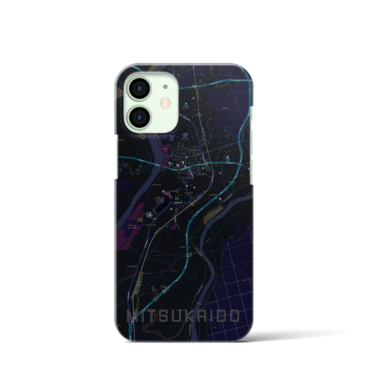 【水海道】地図柄iPhoneケース（バックカバータイプ・ブラック）iPhone 12 mini 用