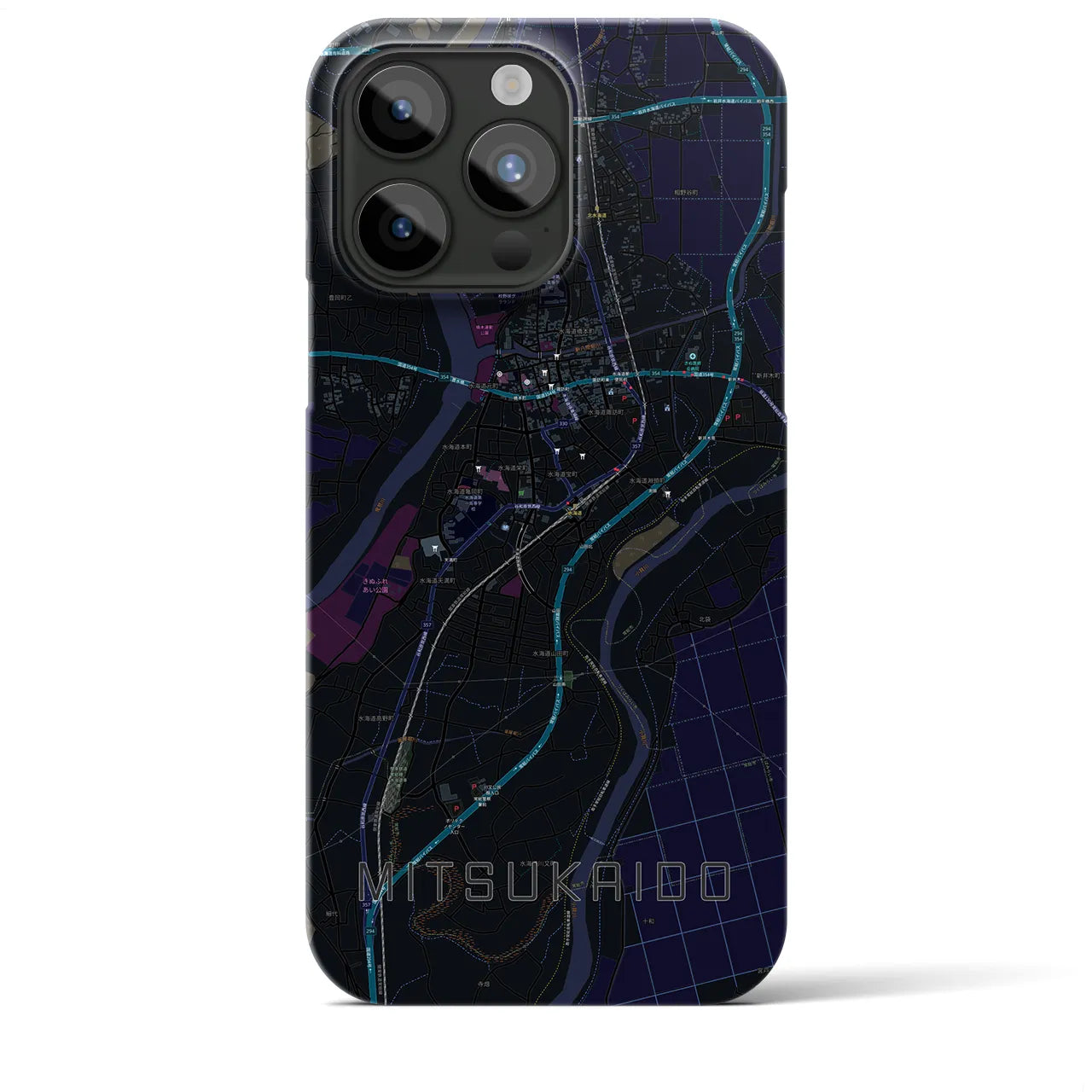 【水海道】地図柄iPhoneケース（バックカバータイプ・ブラック）iPhone 15 Pro Max 用