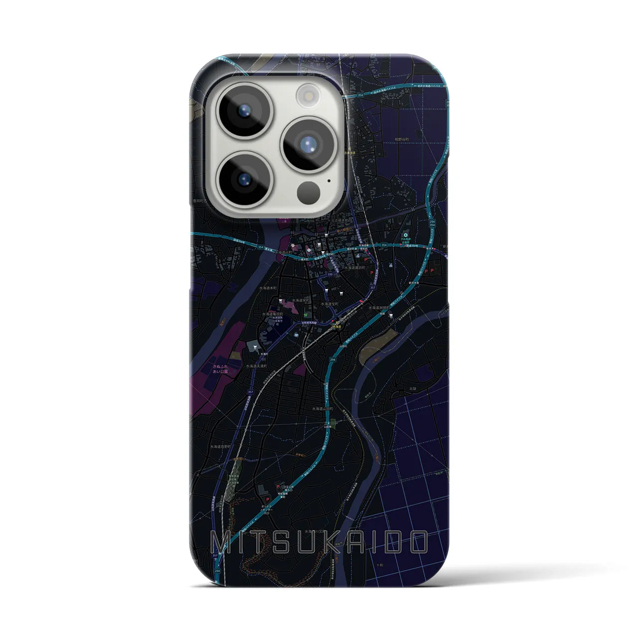 【水海道】地図柄iPhoneケース（バックカバータイプ・ブラック）iPhone 15 Pro 用