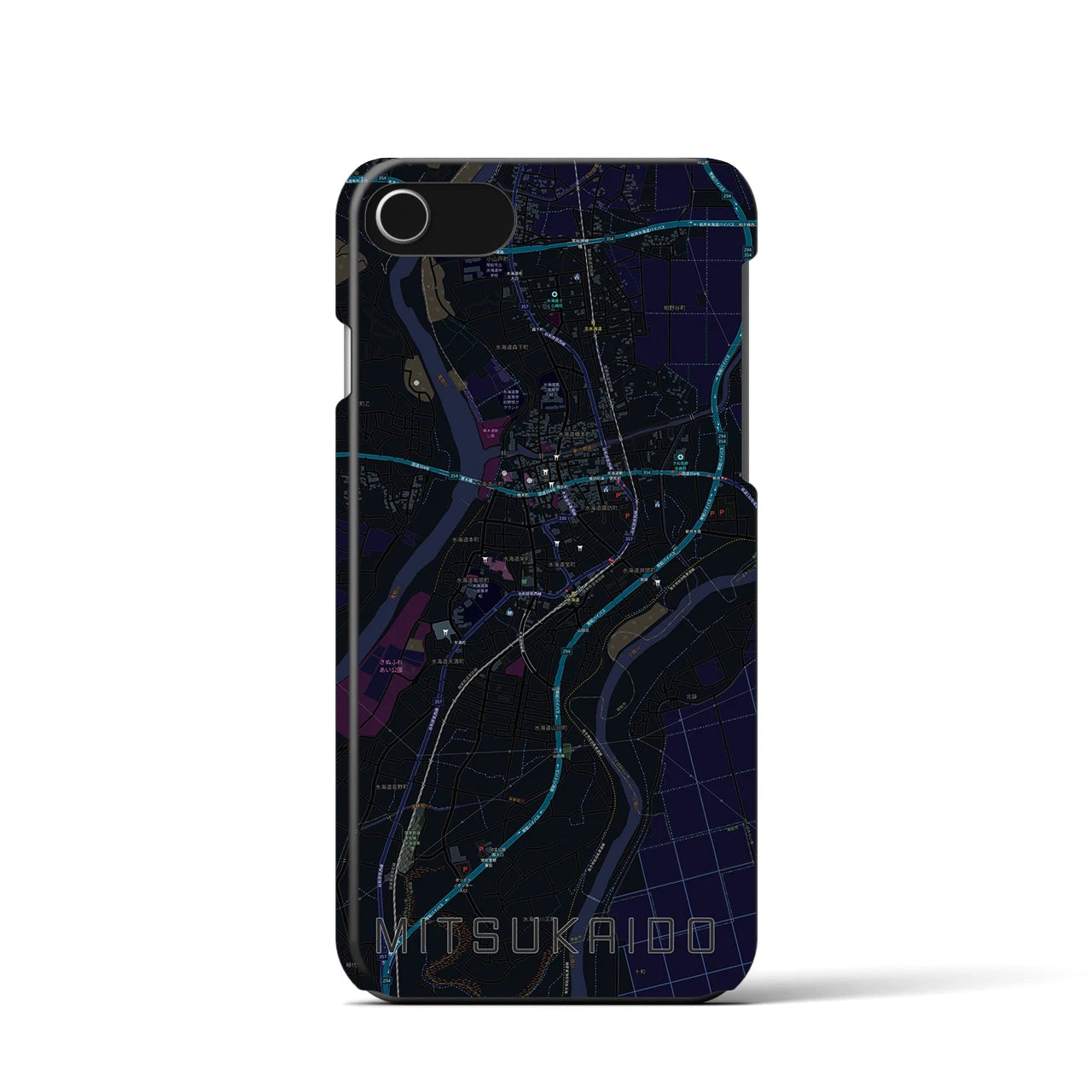 【水海道】地図柄iPhoneケース（バックカバータイプ・ブラック）iPhone SE（第3 / 第2世代） / 8 / 7 / 6s / 6 用