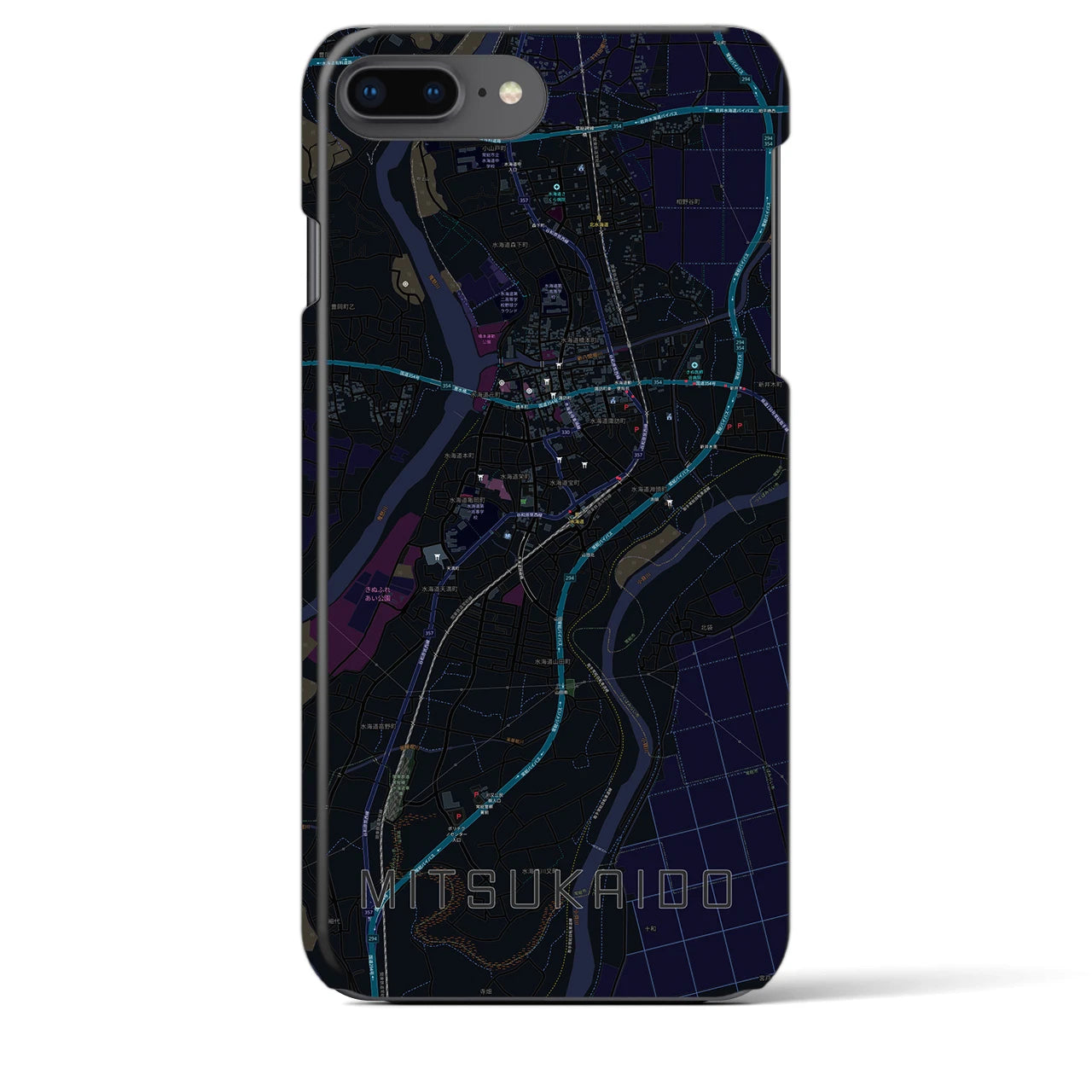 【水海道】地図柄iPhoneケース（バックカバータイプ・ブラック）iPhone 8Plus /7Plus / 6sPlus / 6Plus 用