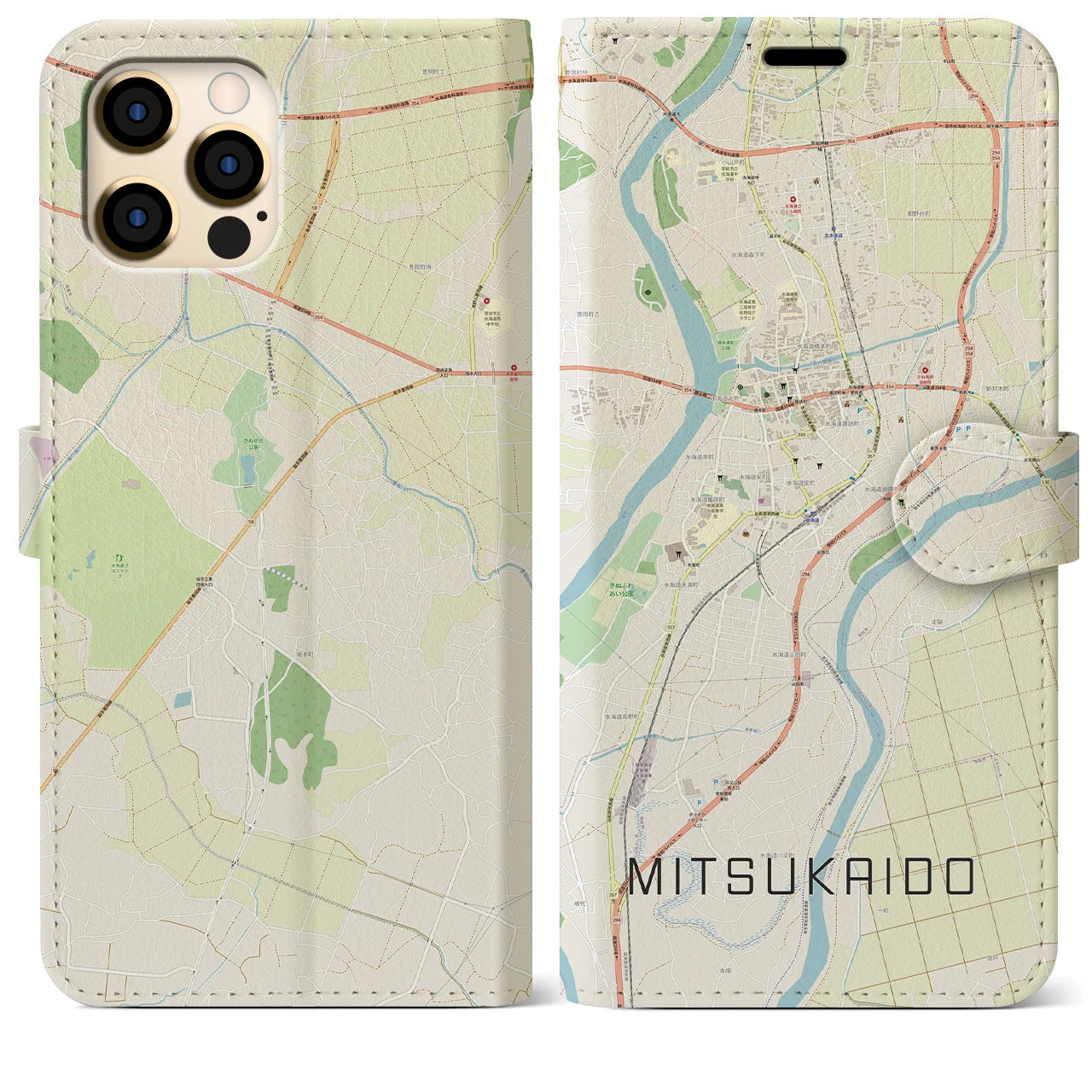 【水海道】地図柄iPhoneケース（手帳両面タイプ・ナチュラル）iPhone 12 Pro Max 用
