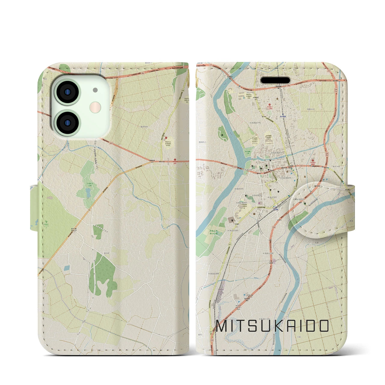 【水海道】地図柄iPhoneケース（手帳両面タイプ・ナチュラル）iPhone 12 mini 用