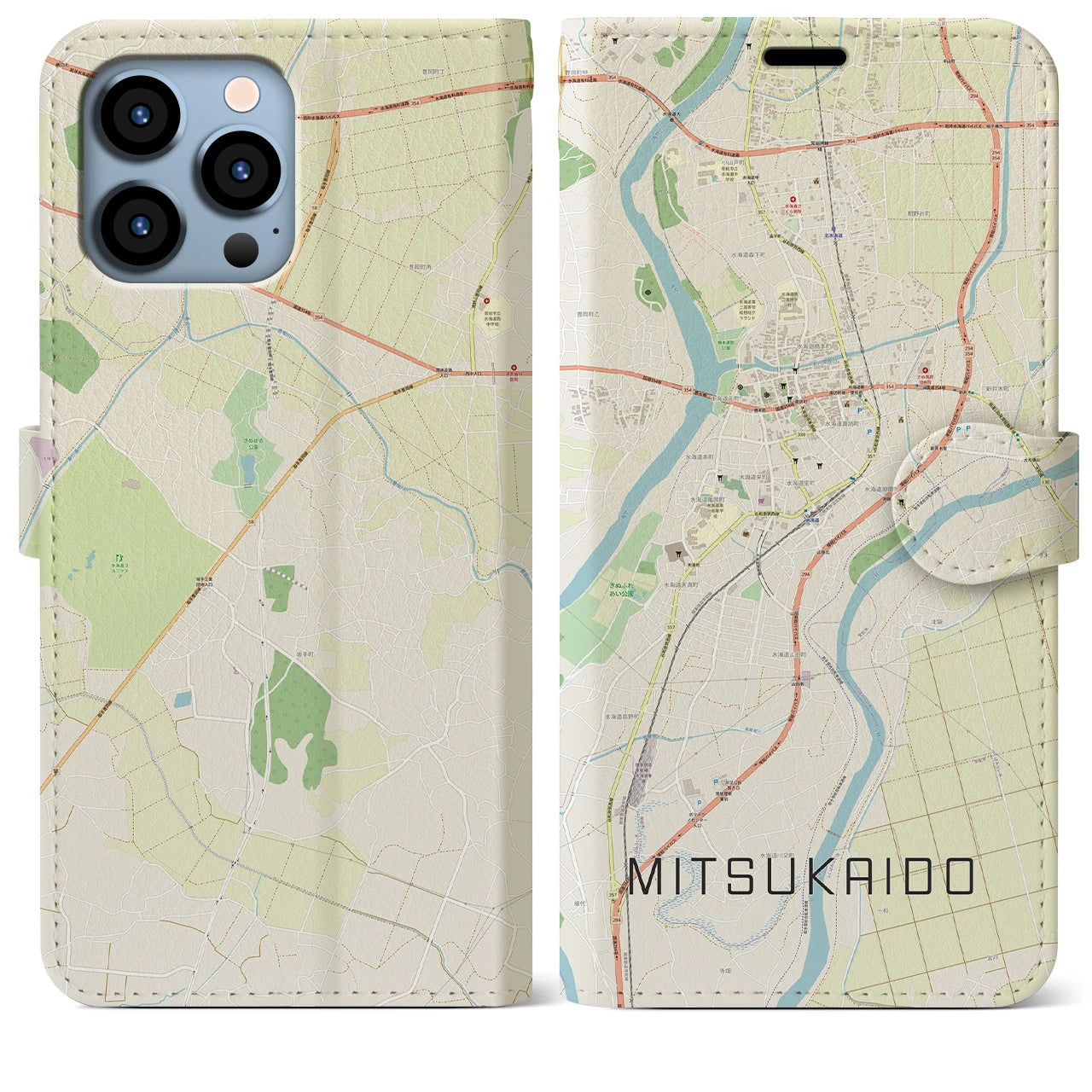 【水海道】地図柄iPhoneケース（手帳両面タイプ・ナチュラル）iPhone 13 Pro Max 用