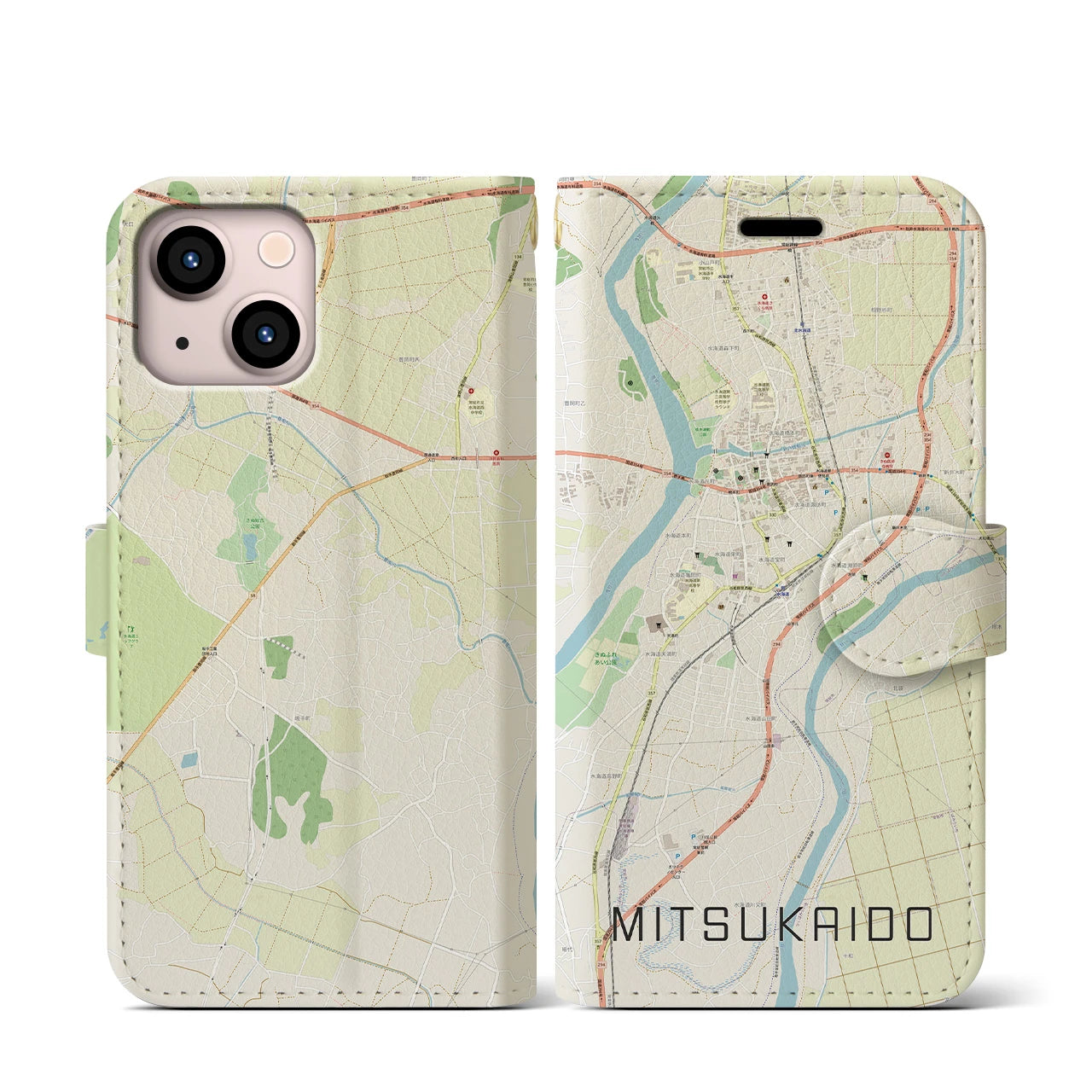 【水海道】地図柄iPhoneケース（手帳両面タイプ・ナチュラル）iPhone 13 mini 用