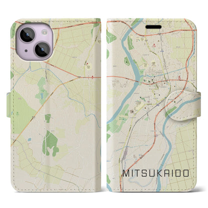 【水海道（茨城県）】地図柄iPhoneケース（手帳タイプ）ナチュラル・iPhone 14 用