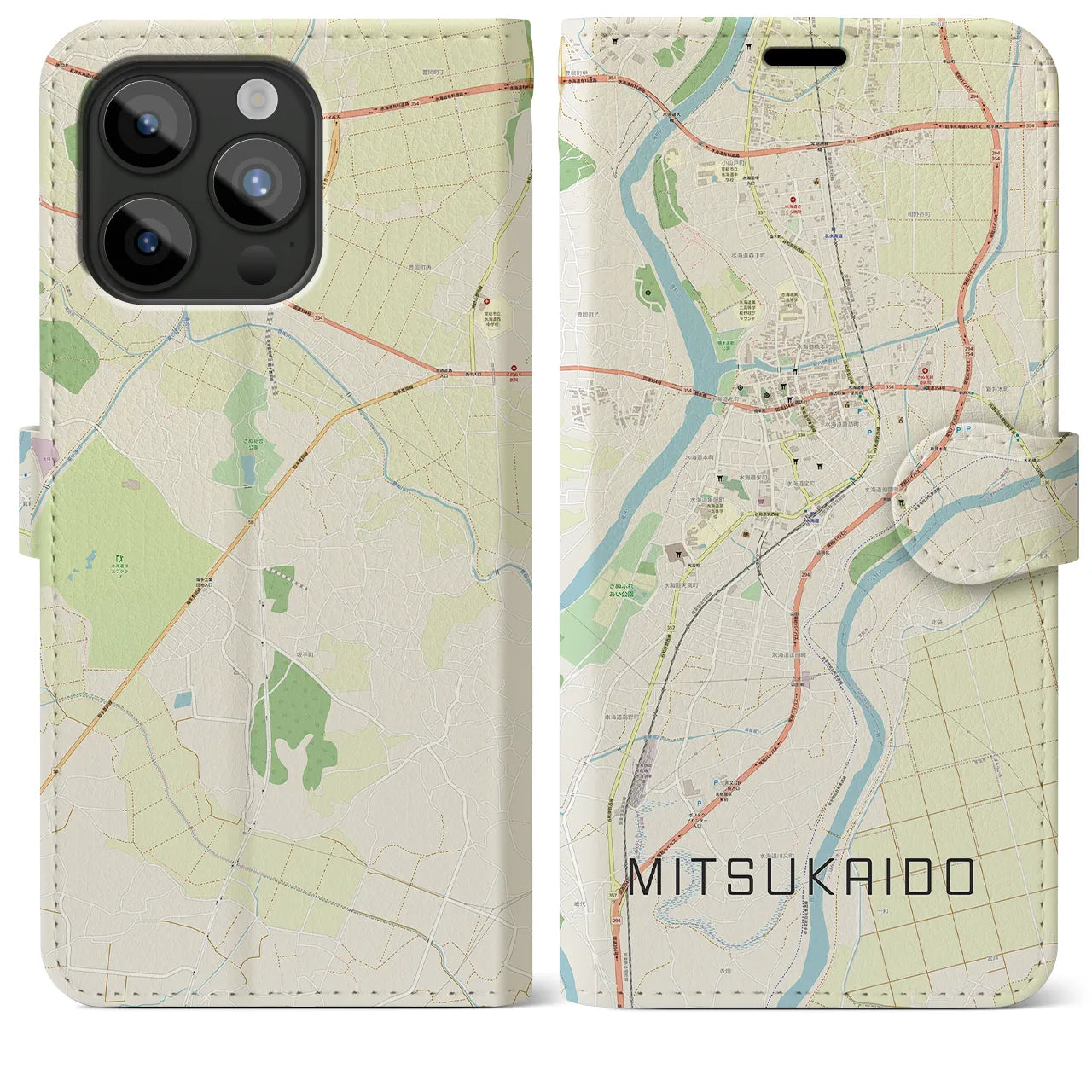 【水海道】地図柄iPhoneケース（手帳両面タイプ・ナチュラル）iPhone 15 Pro Max 用